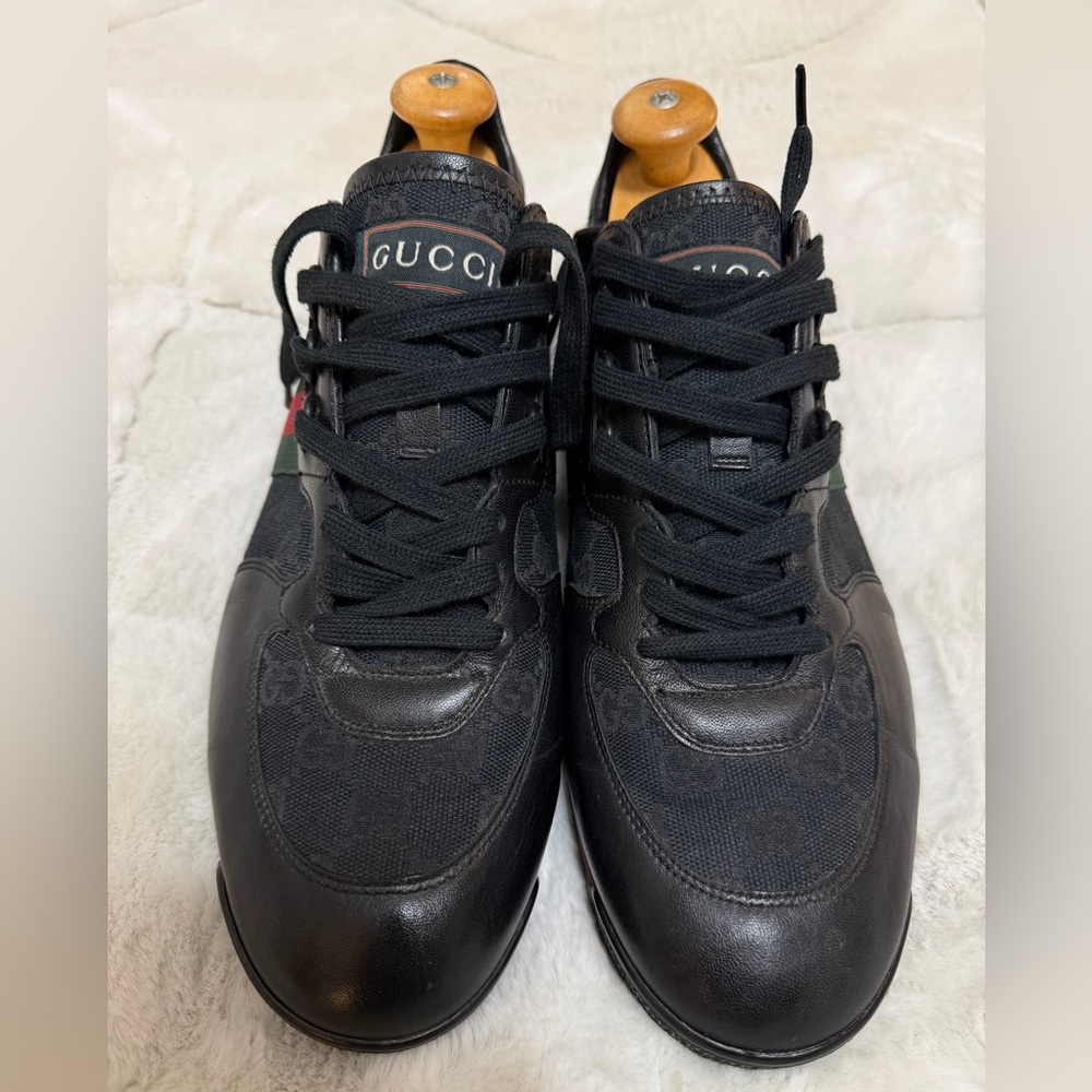 Gucci Ace Black Leather Canvas Signature Red Stripe Low Tennis Sneakers 10.5 - Picture 2 of 16